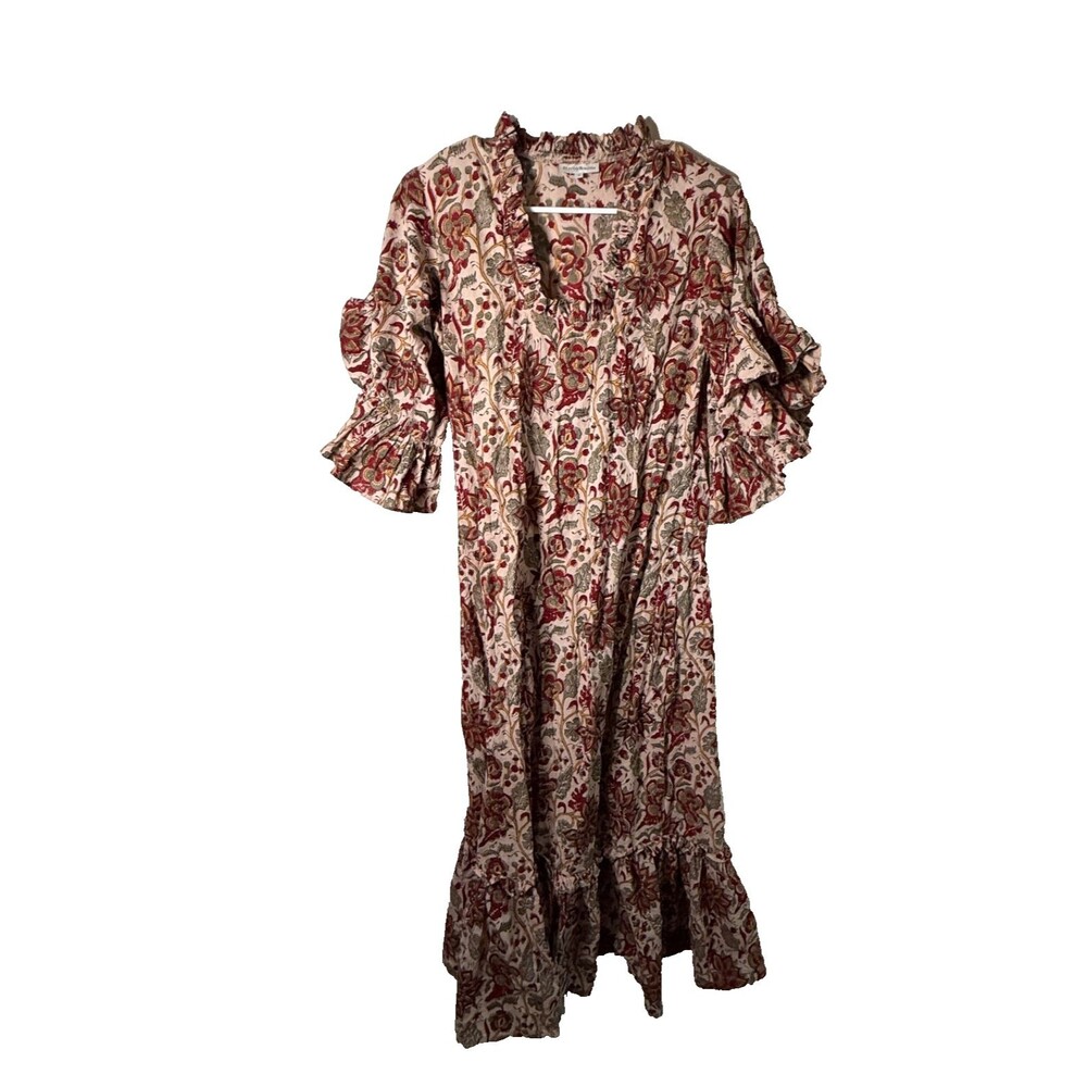 Fitzroy & Willa Maxi Dress Women's Small V-Neck Ruffle Long Boho Shift Cotton